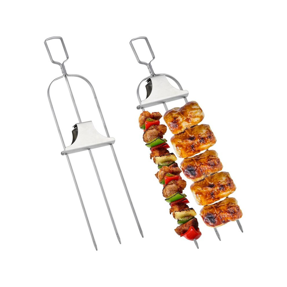 2X 3 Way Skewers,Metal Skewers For Grilling, 3-Prong Barbecue Skewer,Metal Grill Skewer With Push Bar Slider 4713045583600