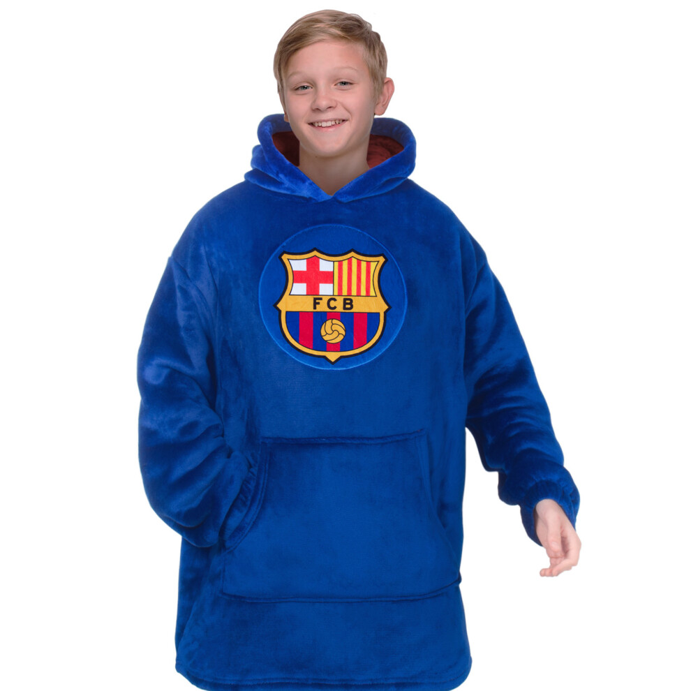 Fc Barcelona Kids Oversized Hoodie Blanket - Official Football Gift, Size 10-14 Years Blue