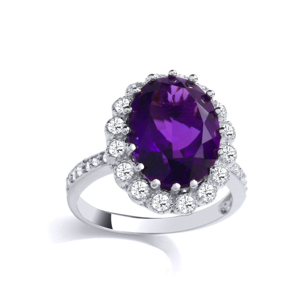 Jewelco London (K) Ladies Rhodium Plated Sterling Silver Purple Oval Cz Royal Princess Cluster Cocktail Ring - Gvr999