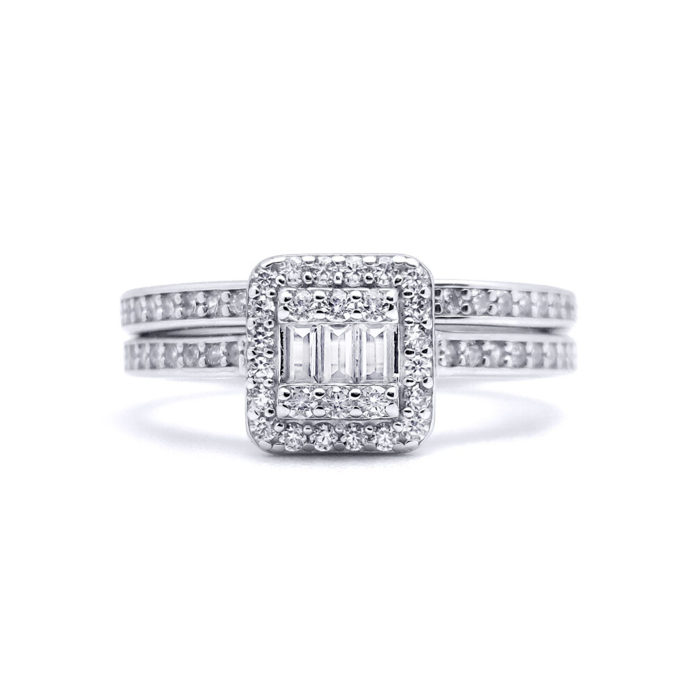 Jewelco London (K) Sterling Round & Baguette Cz Shoulder-Set Square Solitaire-Style Wedfit Bridal Rings Set - Arn153 Silver