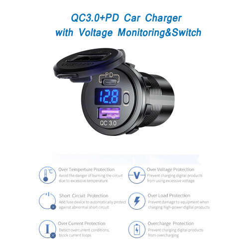 Φορτιστής αυτοκινήτου USB RNCYN Δύο θύρες USB QC3.0 + TypeC PD 2