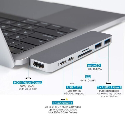 USB-C-hub - LAMZIEN - 7-in-2 - HDMI - USB-C PD - Thunderbolt 3 1