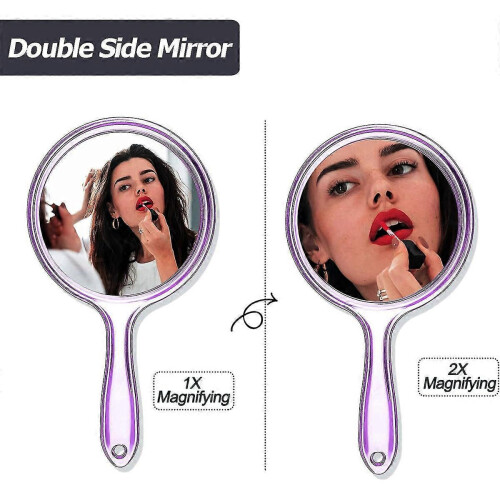Purple 1PC Handheld Double-Sided Mirror 1X/2X Magnifying, Clear Rounded Makeup Mirror with Handle 2