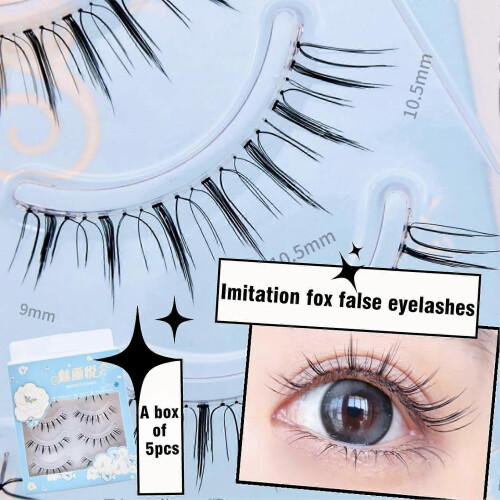 5 Pair Fox Style False Eyelashes, Natural Flared Transparent Band, Lengthened Tail 1