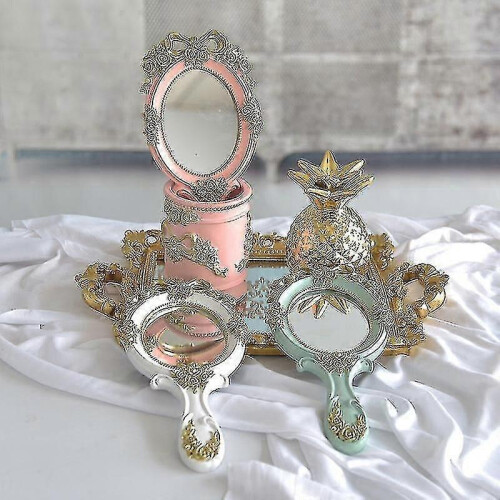 Cute Vintage Handheld Pink Makeup Mirror with Handle, Vanity Gift 1