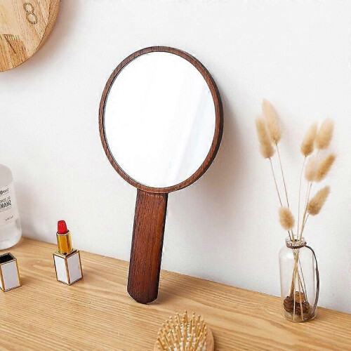 Oak Solid Wood HD Handheld Makeup Mirror for Women - Brown 1