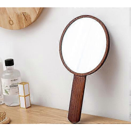Oak Solid Wood HD Handheld Makeup Mirror for Women - Brown 2