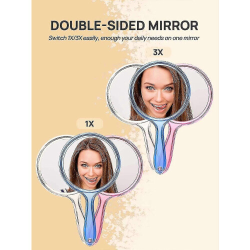 Hand Mirror, Double-Sided 1x/3x Magnifying Handheld Mirror with Handle, Set of 3 (Assorted Colors) 1