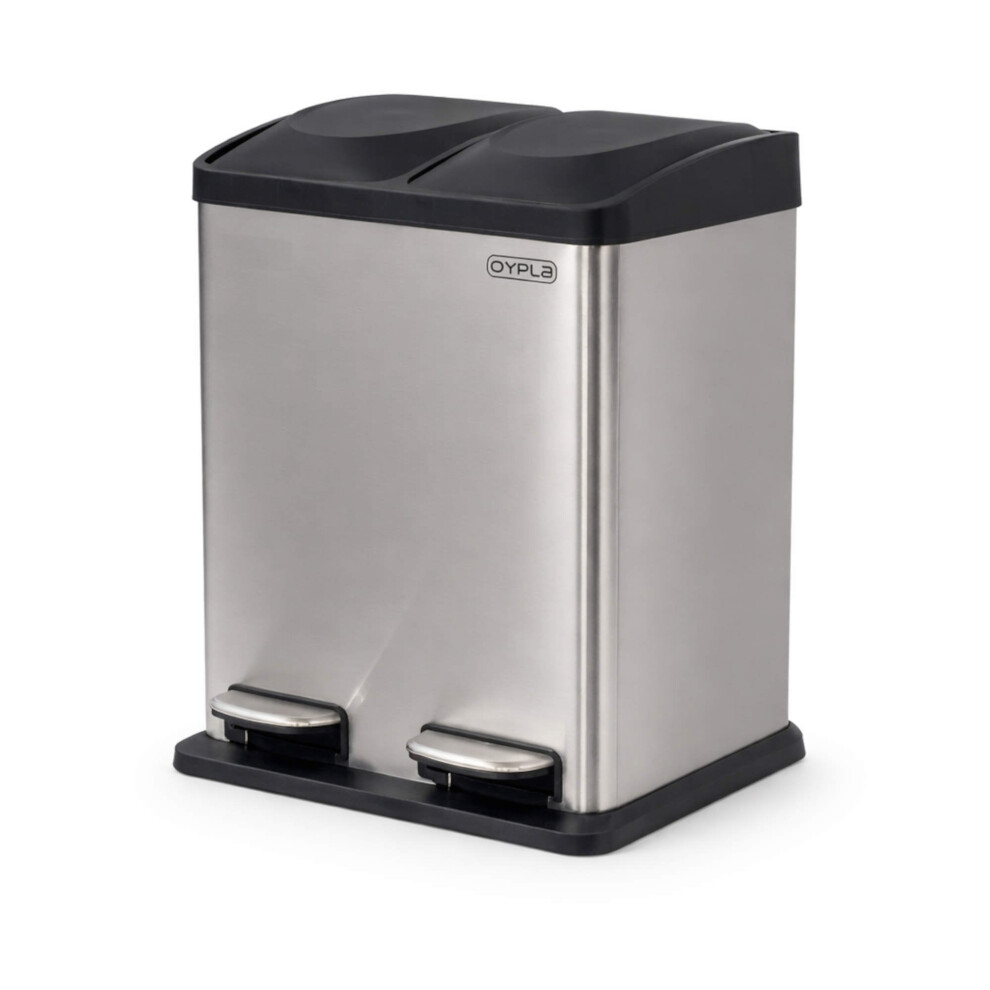 Oypla 30L Stainless Steel Double Compartment Recycling Pedal Kitchen Waste Bin