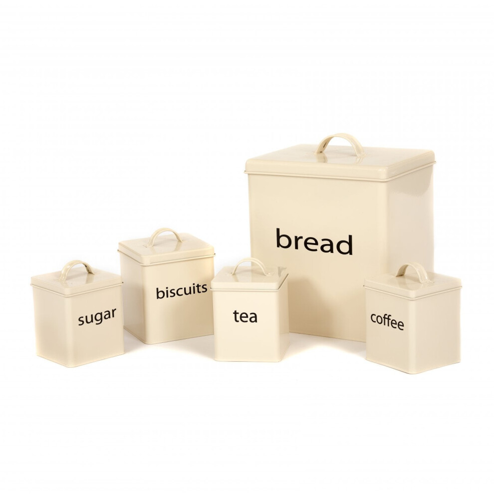 Oypla 5 Piece Kitchen Canister Storage Tin Set Bread Biscuits Tea Sugar Coffee Cream