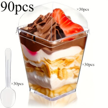 (90pcs) 5-Ounce Square Dessert Cups, with Lids And Spoons - Stackable Party Cups Suitable for Yogurt, Ice Cream, And Custard -