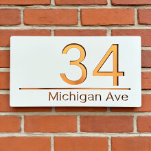(White&Golden, 7.48in*3.94in) 2D Flat, Personalized Laser-Engraved House Number Plate - Custom Family Name & Numbers Sign