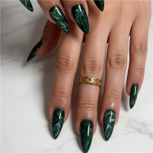 24 stuks zomer diepgroene marmeren nagelwraps - amandelvorm middellange glanzende witte tips met natuurlijke basis,