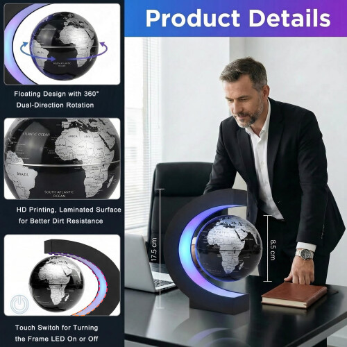KAIMC Magnetic Levitating Globe Floating World Map with LED Light Frame and Touch Control, Rotating Earth Anti-Gravity Lamp, Cool Tech Gadgets Unique 1