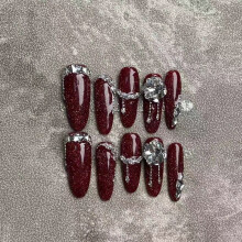 (S) Artificial Nail New Years Red Cat Eye Mid Length Style Manicure Nails Wearable