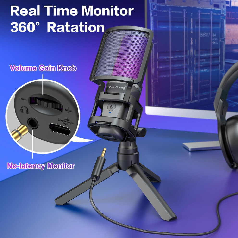 Zealsound Usb Gaming Microphone, Rgb Pc Mic For Podcasts Streaming On