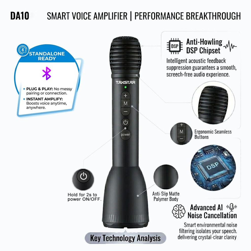 Takstar Da10s 2 In 1 Bluetooth Wireless Microphone & Voice Amplifier,