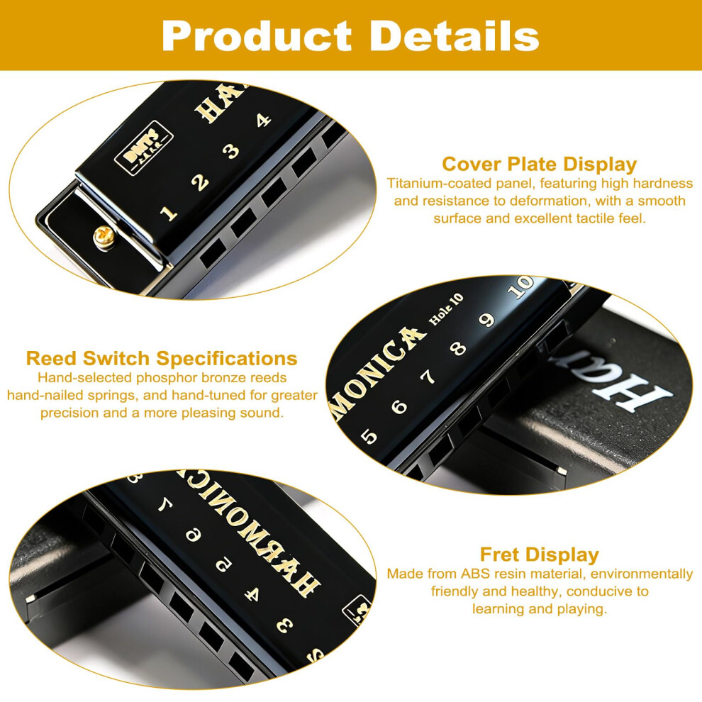 Zhuomengyun Blues Harmonica In C, 10 Hole 20 Tone Titanium Mini Harmonica Diatonic
