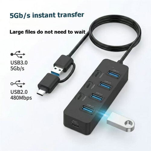 USB HUB, 7-Port 3.0 Button USB Expansion Splitter, Computer Splitter, High-Speed HUB for Laptop Computer 2