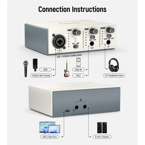Synido USB-C Audio Interface for Recording, Streaming, Podcasting Live Performance, 2 Channel, 24-bit/48kHz, 48V Phantom Power, XLR/Line Inputs, 3 Mo 2