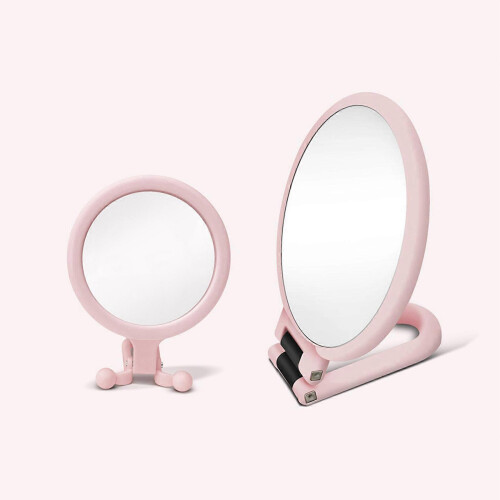 Pink 2-Pack 10X Handheld Magnifier, Double-Sided Folding Makeup Mirror with Adjustable Handle 2