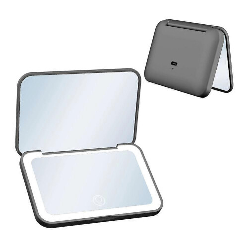 Black Compact Mini Vanity Folding Cosmetic Mirror with 3-Color LED & 2X Magnification 2
