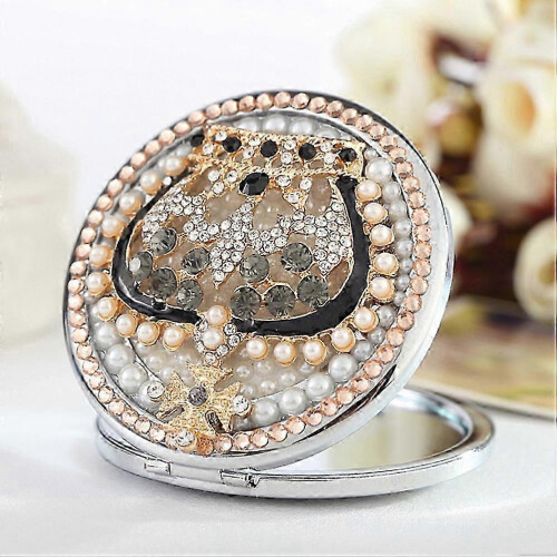 Magnifying Rhinestone Crown Folding Makeup Mirror for Women 2