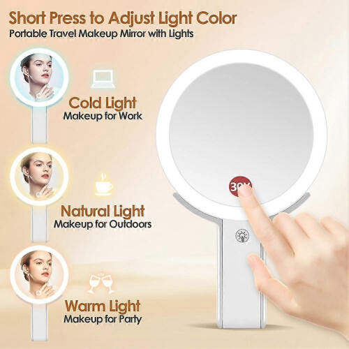 White 30X/1X Double Sided Lighted Travel Makeup Mirror with 3 Color Lighting 1
