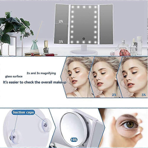 White Vanity Mirror with Lights, 2X 3X 10X Magnification, Touch Control, Trifold, Dual Power 2