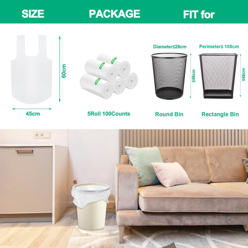 Bin Bags 10l w/ Tie Handle, 100 Plastic Pedal Trash Bin Can Liners 2