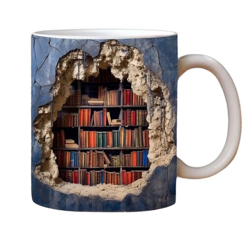 3D Bookshelf Mug a Library Shelf Cup, Space Design Multi-Purpose Ceramic Mug, 3D White Mug,A