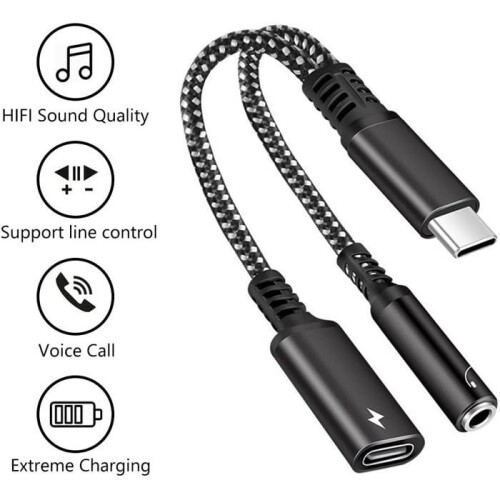 2-in-1 USB-C to AUX Adapter (Black): 3.5mm audio cable with charging function – compatible with USB-C devices 1