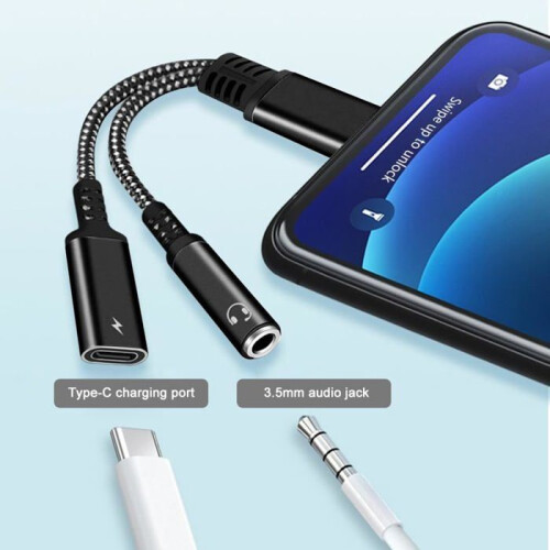 2-in-1 USB-C to AUX Adapter (Black): 3.5mm audio cable with charging function – compatible with USB-C devices 2