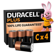 Duracell Plus C Batteries (4 Pack) - Alkaline 1.5V - 100% Life Guaranteed - Reliability For Everyday Devices - 0% Plastic Packaging - 10-Year Storage