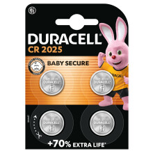 DURACELL 2025 Lithium Coin Batteries 3V (4 Pack) - Up to 70% Extra Life - Baby Secure Technology - For Use in Key Fobs, Fitness Watches and 3D Glasse