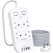4 Way Surge Protected Extension Lead with USB Slots – Multi Plug Power Strip Extension Cable with Double Switches, Plug Extension Socket 1.8M Braide