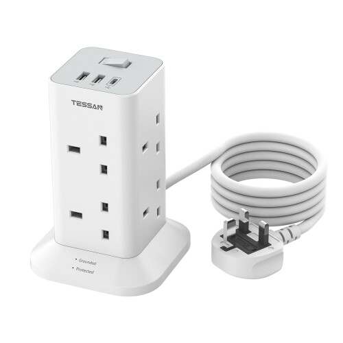 TESSAN Tower Extension Lead with USB C Slots, 8 Way Plug Extension Socket with Switch, Surge Protected Power Strip with 2M Cable for Home, School Sup