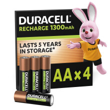 Duracell AA Rechargeable Batteries (Pack of 4), 1300 mAh NiMH, 2000 cycles, pre-charged, Long Lasting Power with a 0% plastic 100% recyclable packagi