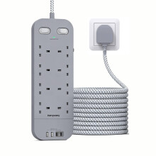 5M Gray Extension Lead with 8 AC Outlets & 4 USB Slots(2 USB C), 1800J Surge Protection, Dual Switch Power Strip with Extra Long Braided Extension Ca