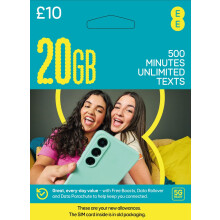 EE PAYG 10 Data Sim Includes 10 pre-paid credit, 20GB Data, 500 Minutes and Un