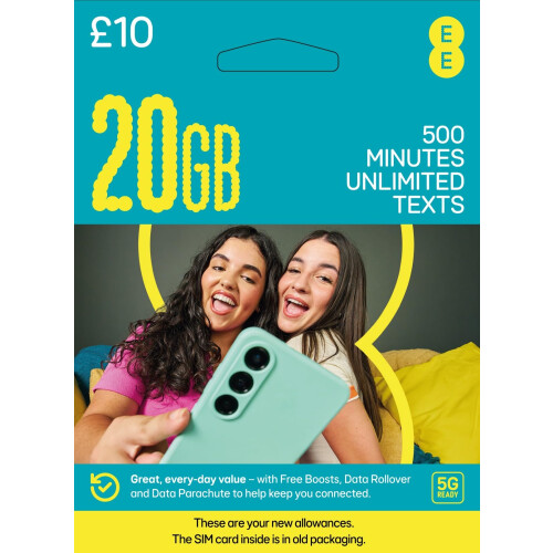 EE EE PAYG 10 Data Sim Includes 10 pre-paid credit, 20GB Data, 500 Minutes and Un