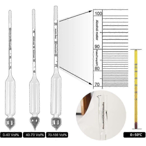 Hydrometer for alcohol content - 3-piece set with thermometer 0-100% 2