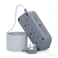 Addtam Extension Lead with USB Slots, 6 Way Outlets 5(1 USB-C & 4 USB-A), 1.6M Braided Cable, 3250W Overload Protection, Surge Protected Multi Socket