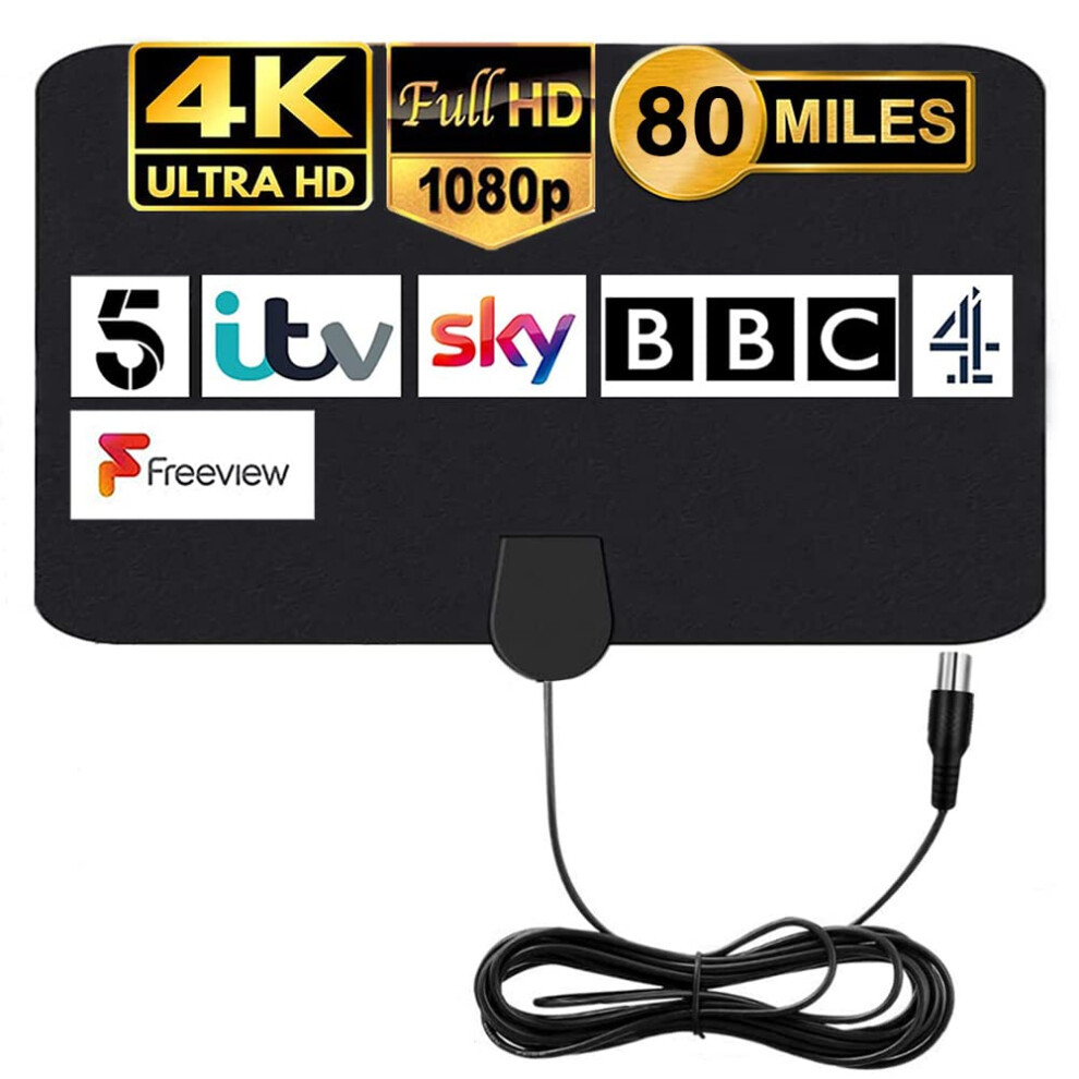 Miliwan Tv Aerial Indoor Tv Aerial - 80 Miles Digital Hdtv Antenna Freeview Antenna Vhf Uhf 4K 1080P For Local Channels Support All Television Â 12. 5000502988740