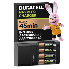 DURACELL Hi-Speed Battery Charger, 45 minutes, Compatible with AA and AAA NiMh Batteries, 2x AA 1300mAh and 2x AAA 750 mAh, Rechargeable Batteries In