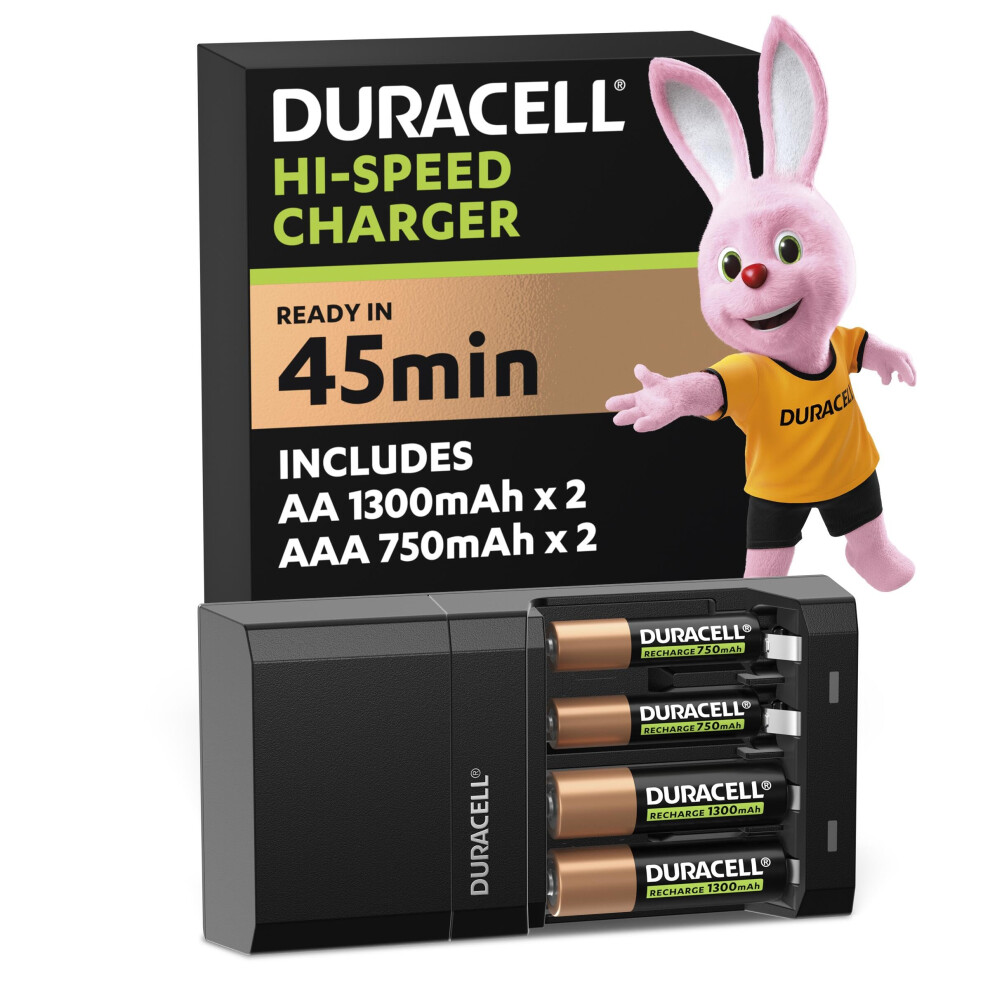 Duracell Hi-Speed Battery Charger, 45 Minutes, Compatible With Aa And Aaa Nimh Batteries, 2X Aa 1300Mah And 2X Aaa 750 Mah, Rechargeable Batteries In