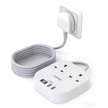 Addtam 5M Braided Extension Lead, Surge Protection Power Strip Equipped with 2 AC Outlets and 4 USB Ports (4.5A Total, 2 Type-C & 2 USB-A), Suitable