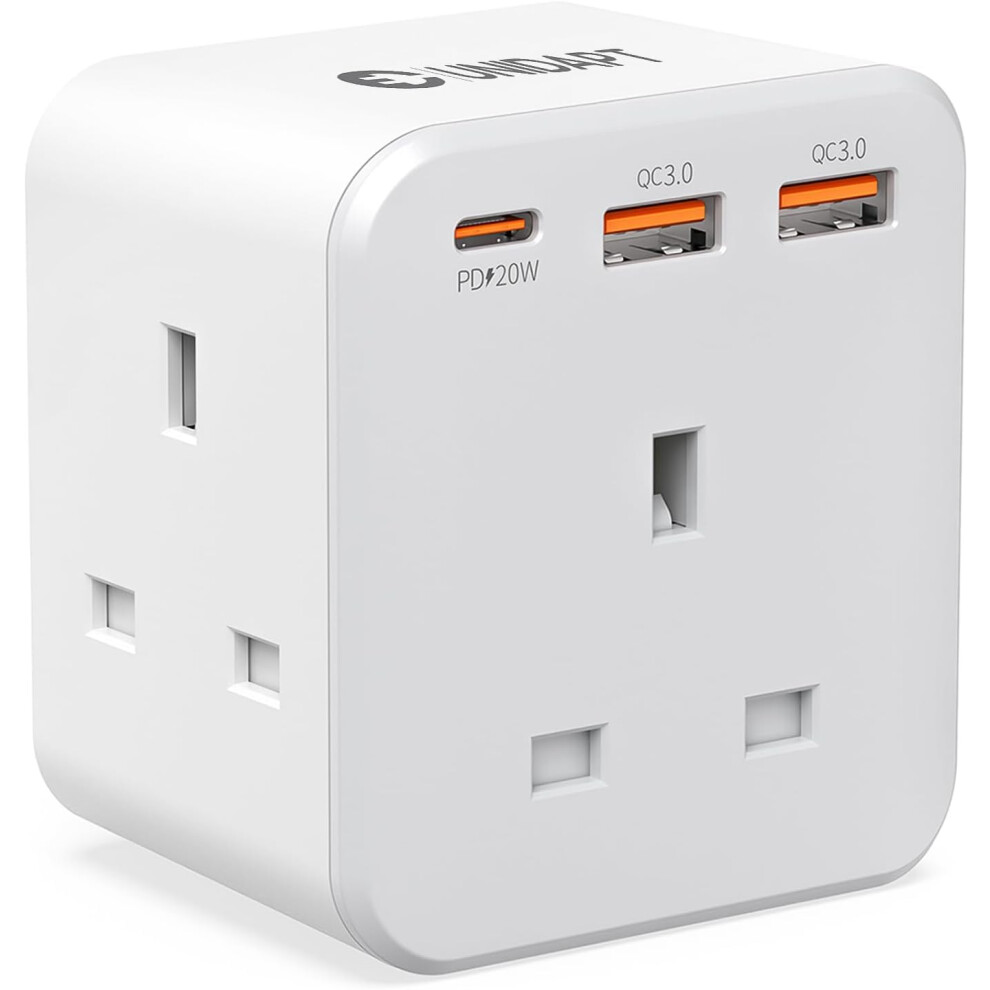 Unidapt 3 Way Plug Adaptor With 3 Fast Charge Ports, Multi Plug Extension With Pd 20W Usb-C And 2 Usb-A Qc 3.0, 13A Uk Plug Extender Socket, Triple P 5007530387989