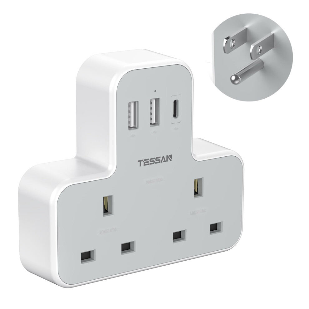 Uk To Us Plug Adaptor With 3 Usb Ports (1 Usb C) 2 Ac Outlets, Tessan 5 In 1 Usa Travel Adapter, Type B Plug Adaptor From Uk To America, Canada, Thai 5009909770743