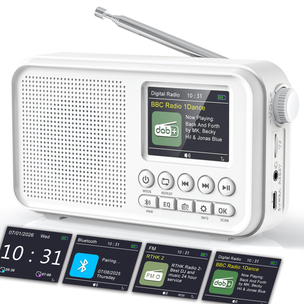 Rocam Portable Dab/Dab+/Fm Radio 3000Mah Rechargeable Battery & Mains Powered, 2.4" Digital Dab Radio With Bluetooth 5.0 & Hi-Fi Speaker, 40 Presets 5008103495995